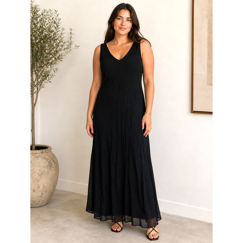 Tessuto Vintage 90s Y2K Black V-Neck Chiffon Maxi Sleeveless Whimsigoth Dress XL